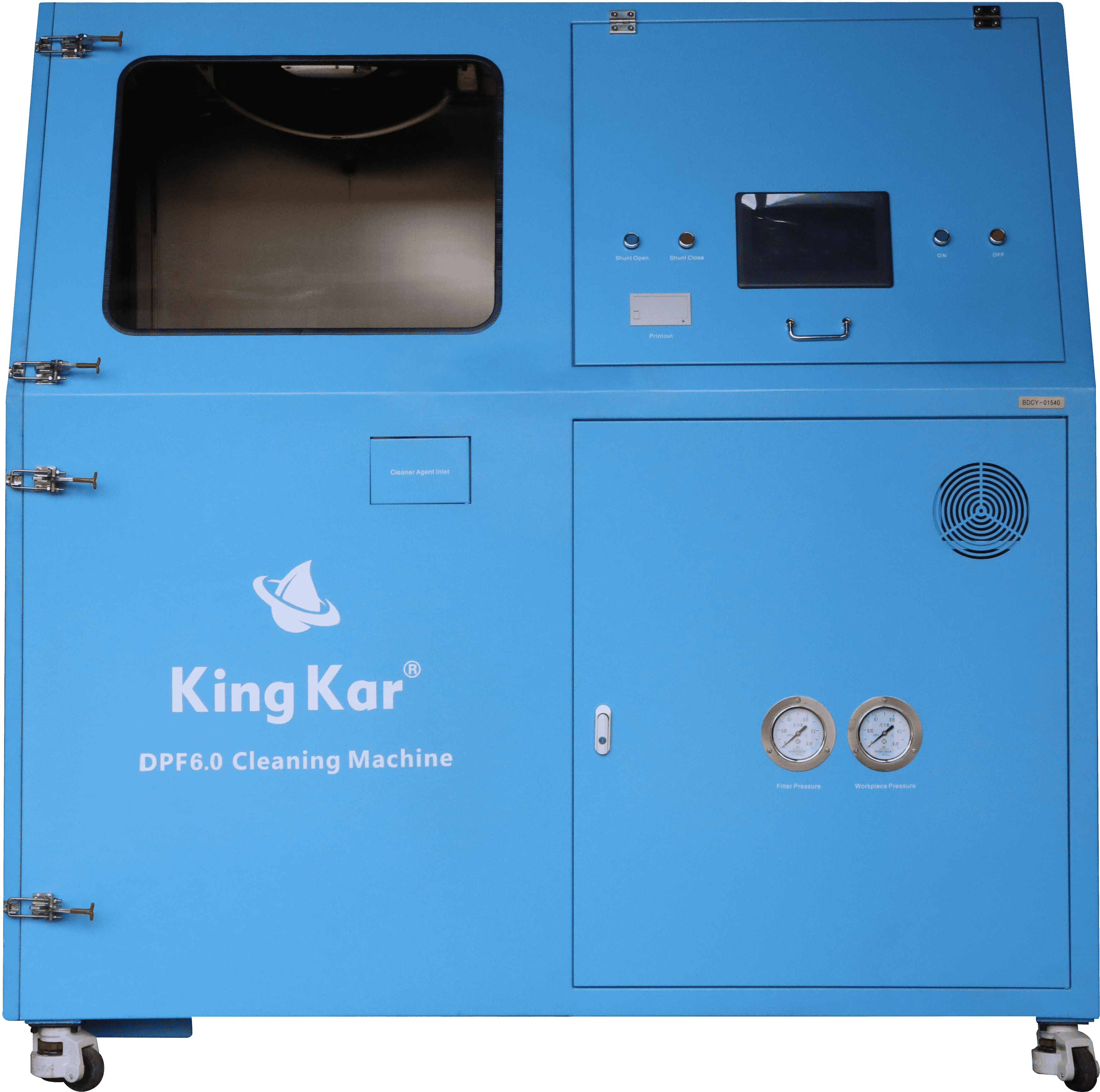 The DPF cleaning machine displayed in-store, focusing on its control panel and detailed design.

